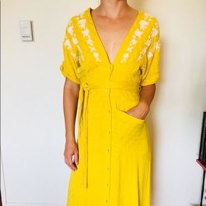Free People Yellow Button up Dress w Embroidery